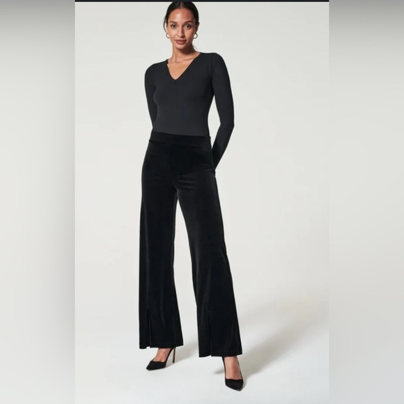 Spanx Velvet Front Slit Pant Very Black $128 Sz Small wide leg - Picture 1 of 5